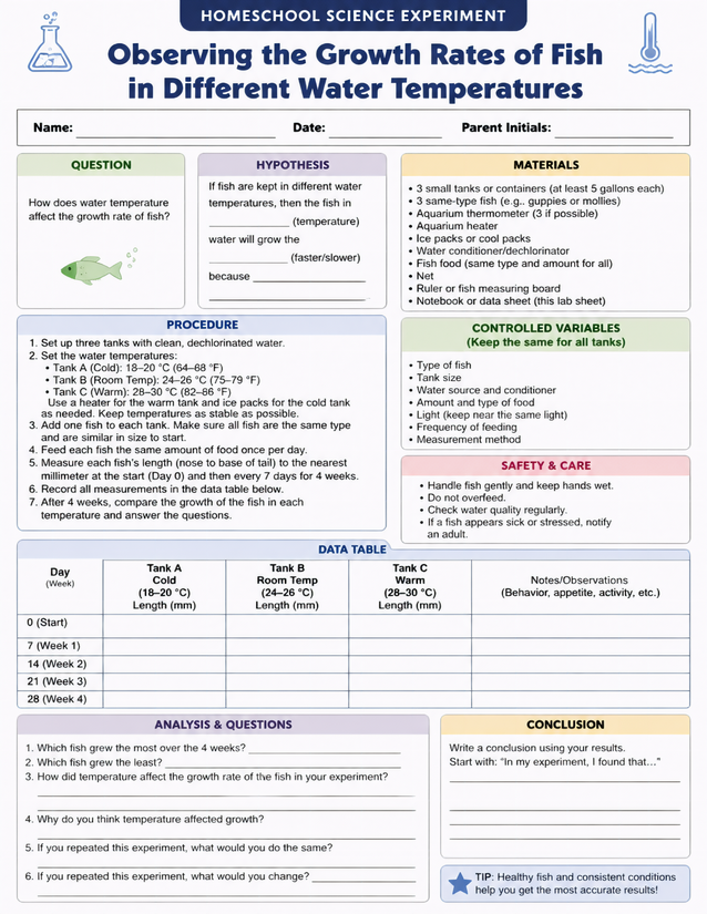 Fish Growth Rates in Different Water Temperatures Lab Sheet