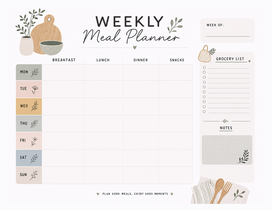 Floral Meal Planner Printable, Seven Days With Grocery List