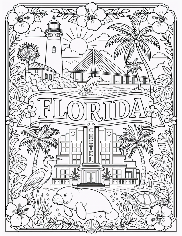 Florida Coloring Page, Lighthouse, Manatee, and Art Deco Hotel
