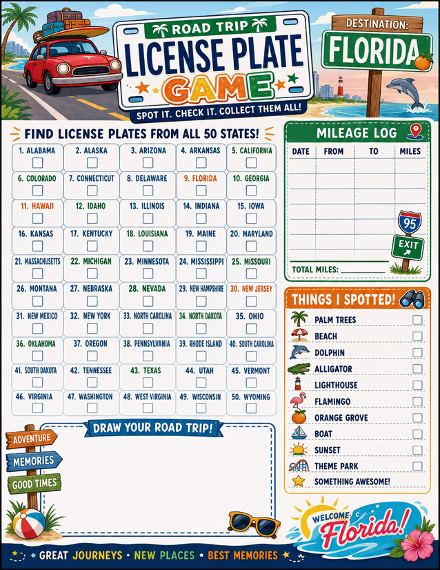 Florida License Plate Game Printable, All 50 States Plus Spotter List