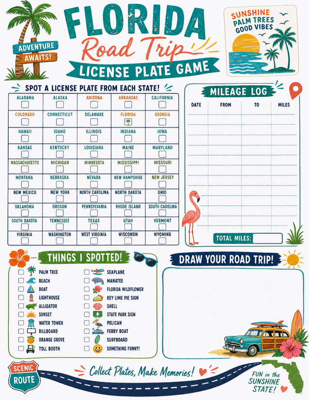 Florida Road Trip License Plate Game, Four Activities in One