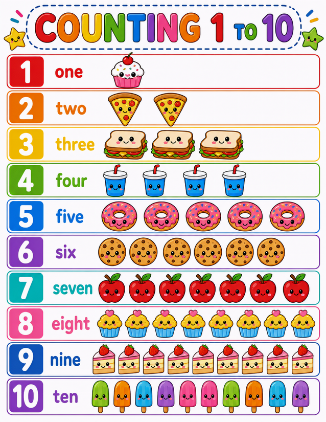 Food Counting 1 to 10 Worksheet, Kawaii Snacks and Treats