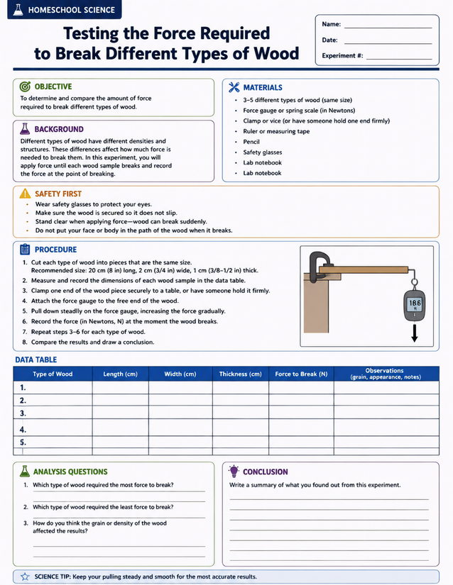 Force Required to Break Different Types of Wood, Lab Sheet