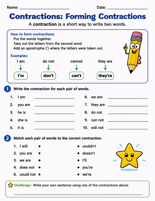 Forming Contractions Worksheet, Two Exercises Plus a Challenge