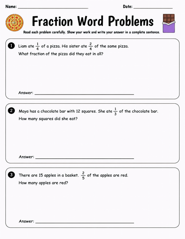 Fraction Word Problems Worksheet, Grades 3 and 4