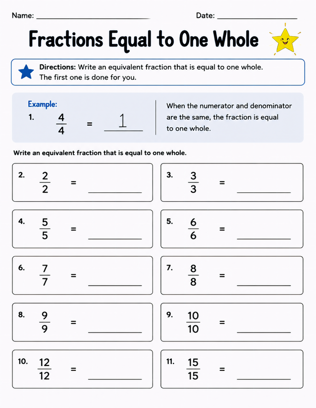 Fractions Equal to One Whole Worksheet, Grades 2-4