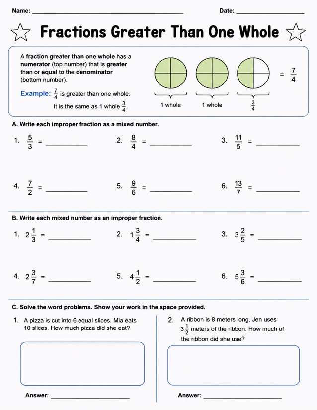 Fractions Greater Than One Whole Worksheet, Grades 3-4