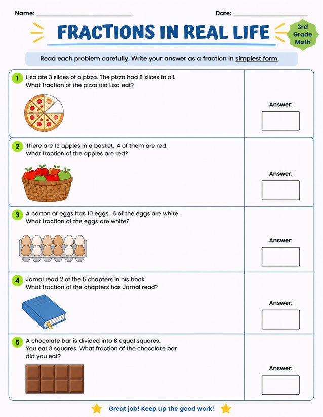 Fractions in Real Life Worksheet, 3rd Grade Math
