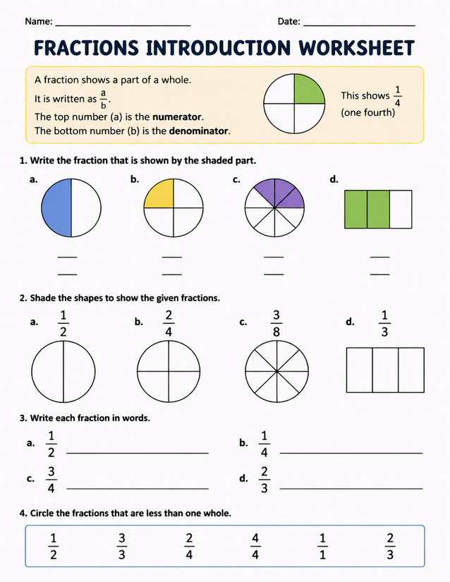 Fractions Introduction Worksheet, Shading and Naming Basic Fractions