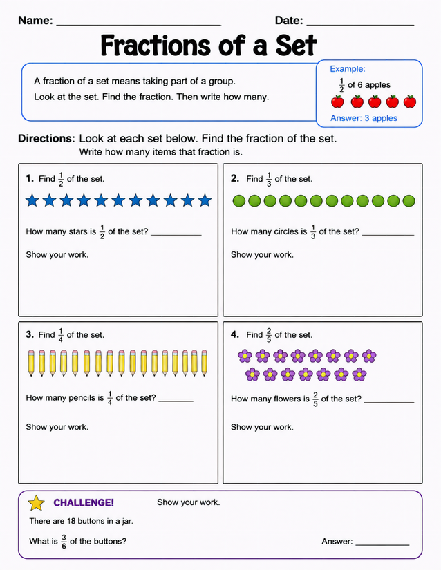 Fractions of a Set Worksheet, Stars to Flowers