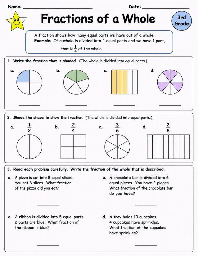 Fractions of a Whole Worksheet, 3rd Grade Math