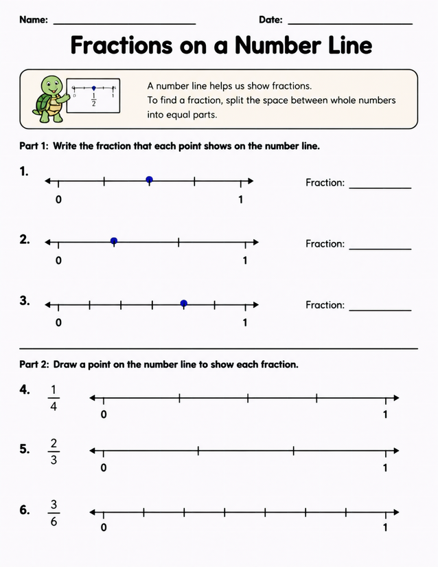 Fractions on a Number Line Worksheet, Grades 2-3