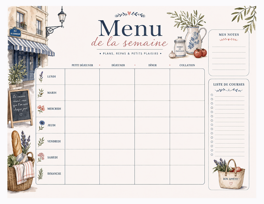 French Bistro Meal Planner Printable, Seven Days with Shopping List