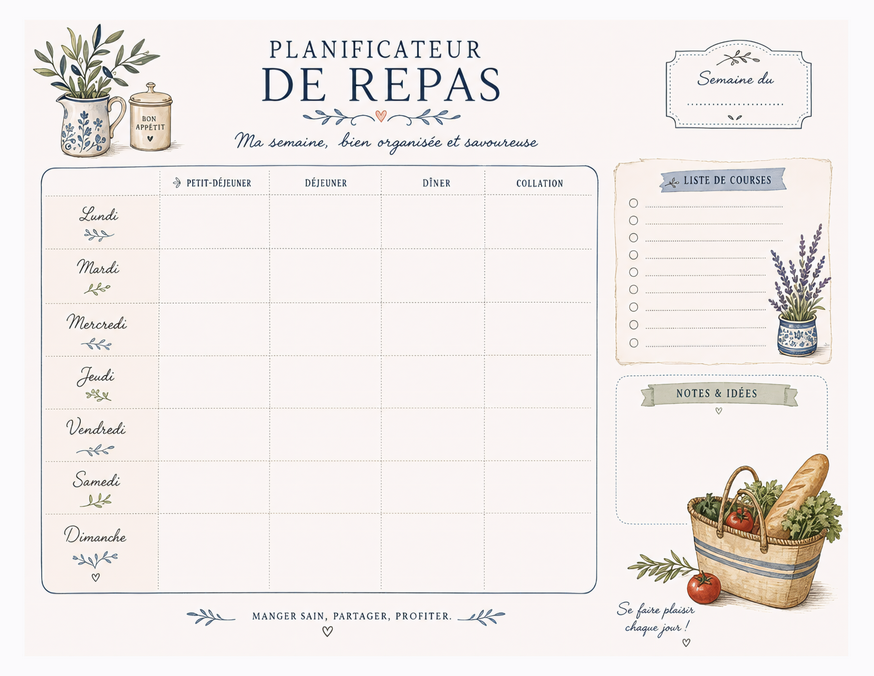 French Meal Planner Printable, Planificateur de Repas Layout