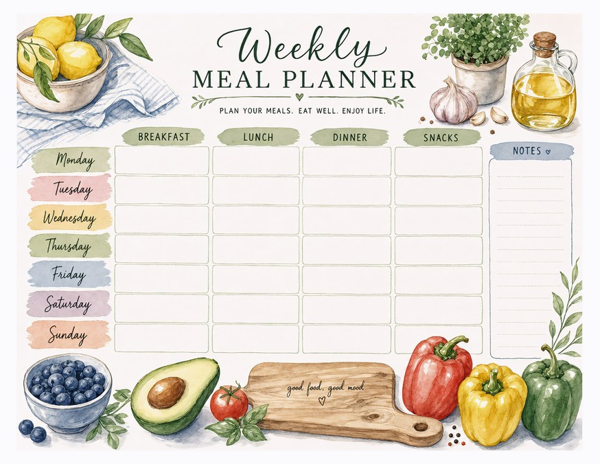 Fresh Produce Meal Planner Printable, Seven Days With Snacks Column