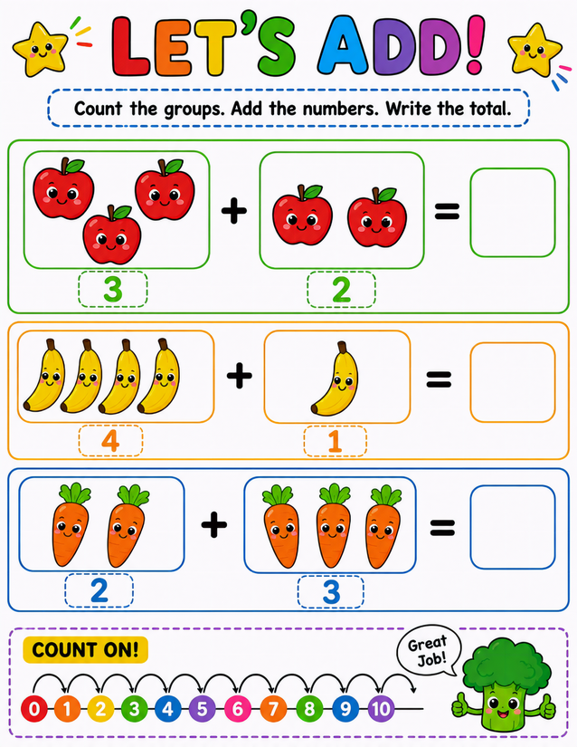 Fruit and Vegetable Addition Worksheet, Apples Bananas and Carrots