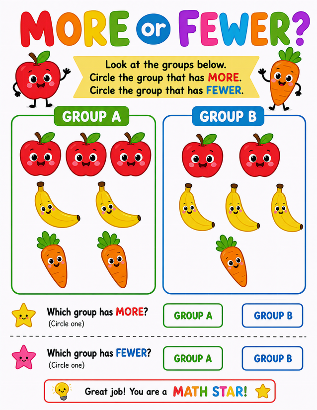 Fruit and Vegetable More or Fewer Worksheet, Apples Bananas Carrots