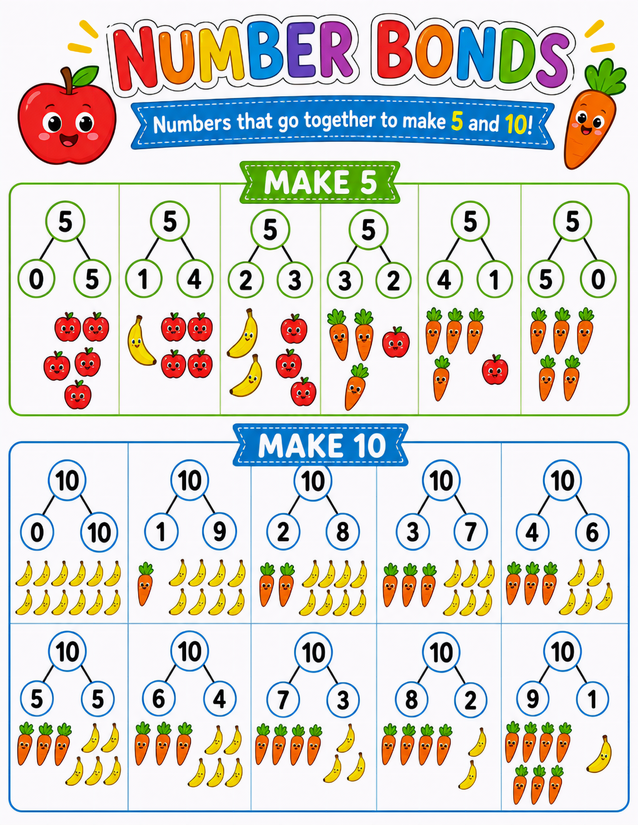 Fruit and Vegetable Number Bonds Worksheet, Make 5 and Make 10