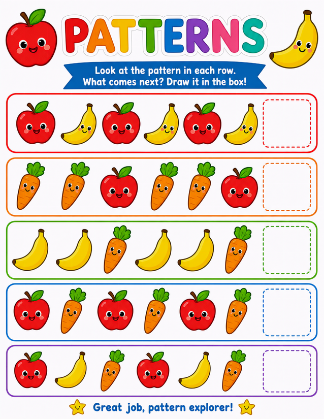 Fruit and Vegetable Patterns Worksheet, Apples, Bananas, and Carrots