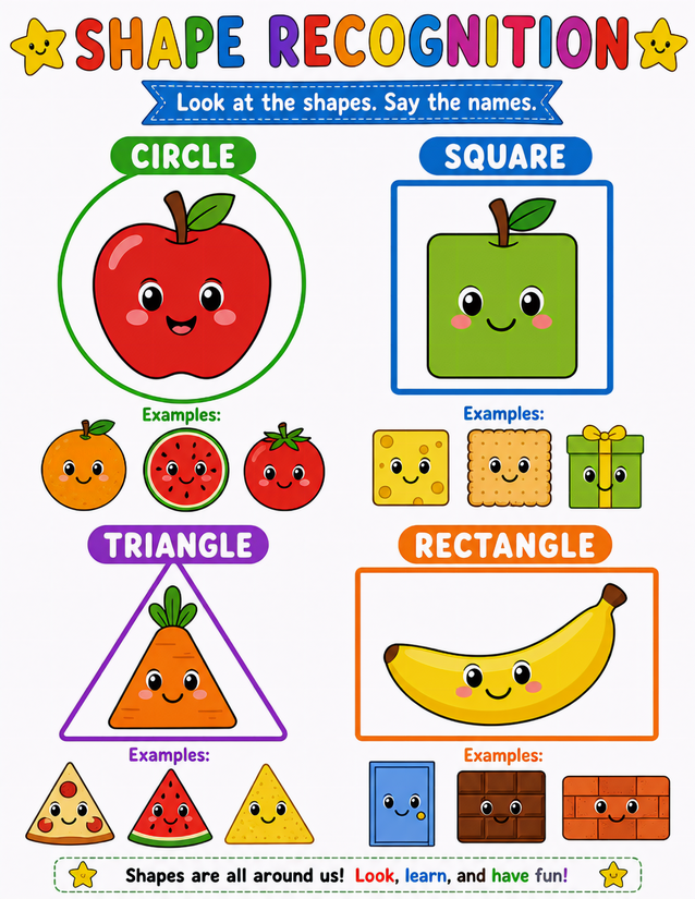 Fruit and Vegetable Shape Recognition Worksheet, Four Shapes