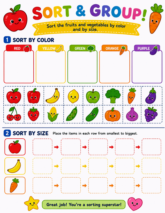 Fruit and Vegetable Sort and Group Worksheet, Color and Size
