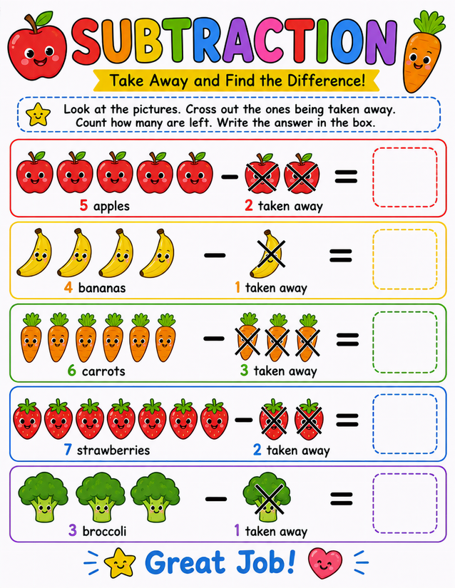Fruit and Vegetable Subtraction Worksheet, Five Picture Problems
