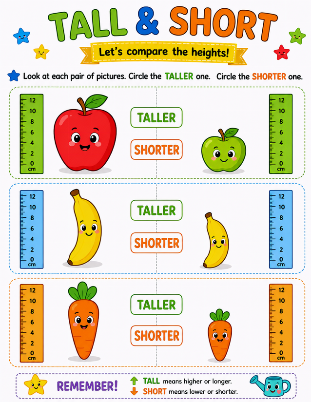 Fruit and Vegetable Tall or Short Worksheet, Apples, Bananas, Carrots