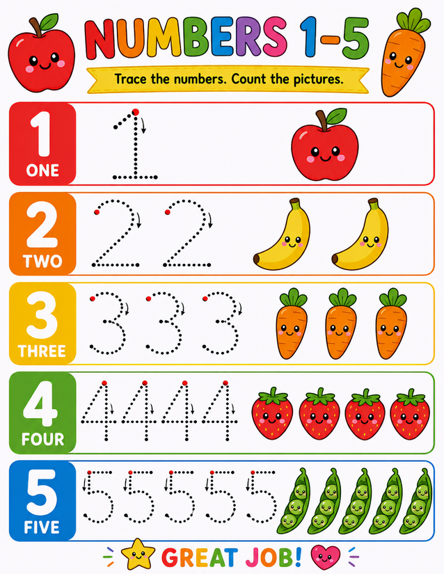 Fruit and Vegetable Trace the Numbers Worksheet, 1 to 5