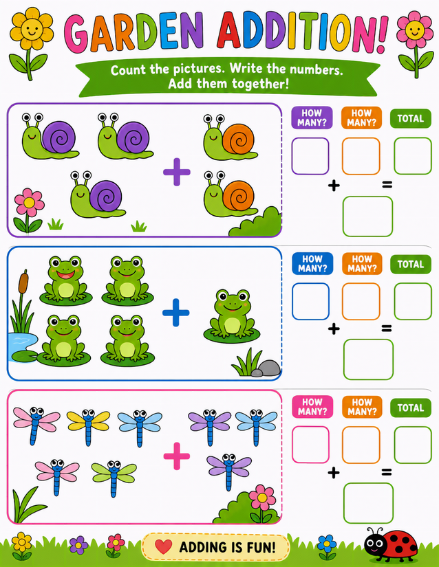 Garden Critters Addition Worksheet, Snails, Frogs, and Dragonflies