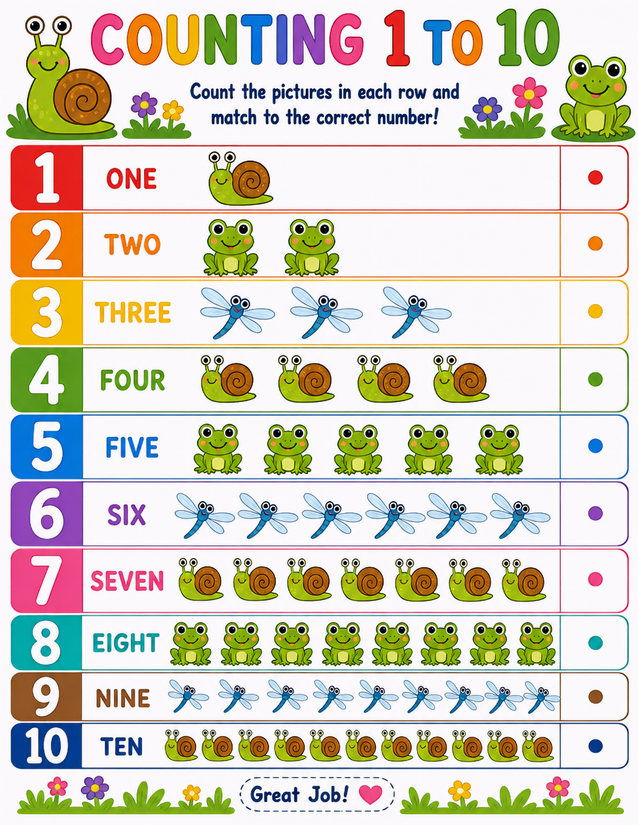Garden Critters Counting 1 to 10 Worksheet, Frogs, Snails, and Dragonflies