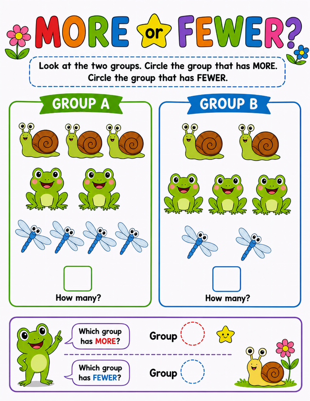 Garden Critters More or Fewer Worksheet, Frogs, Snails, and Dragonflies