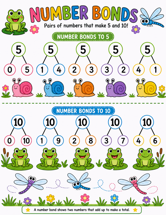 Garden Critters Number Bonds Worksheet, Snails, Frogs, and Dragonflies