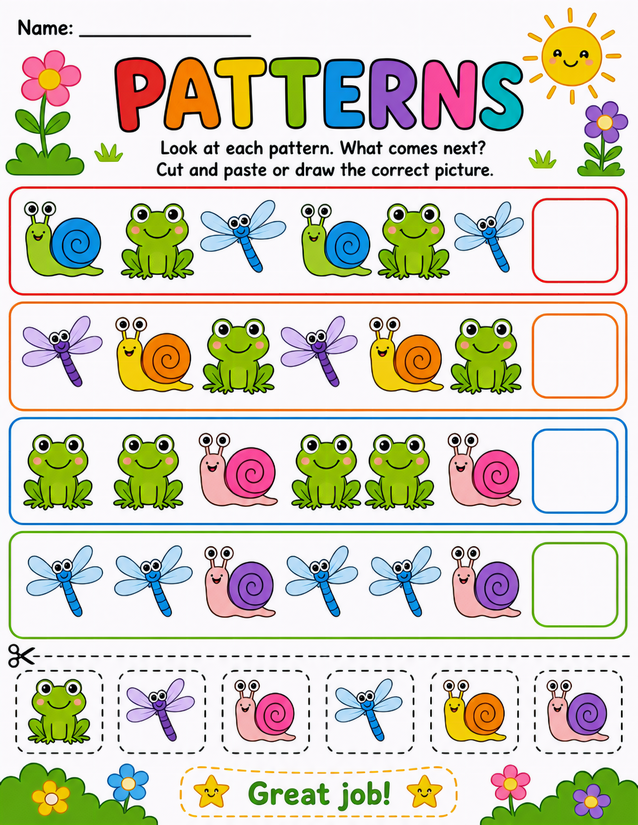 Garden Critters Patterns Worksheet, Cut and Paste or Draw