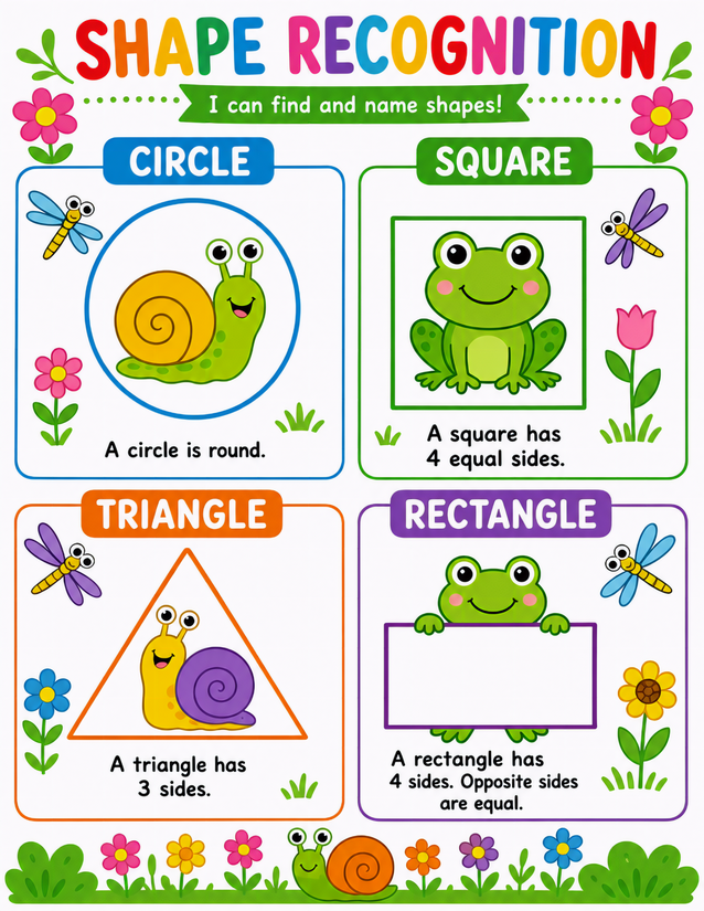 Garden Critters Shape Recognition Worksheet, Snails and Frogs