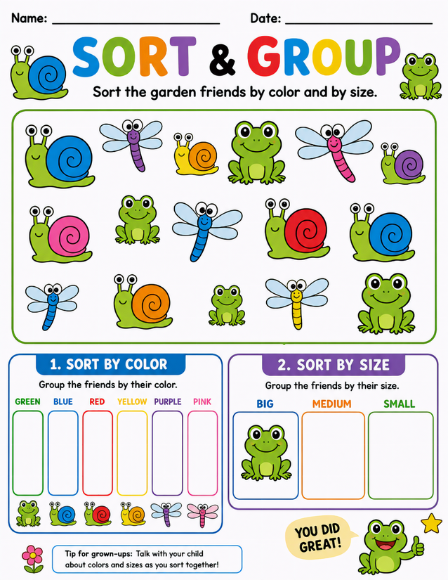 Garden Critters Sort and Group Worksheet, Color and Size Sorting
