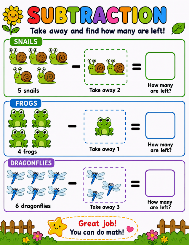 Garden Critters Subtraction Worksheet, Snails Frogs and Dragonflies
