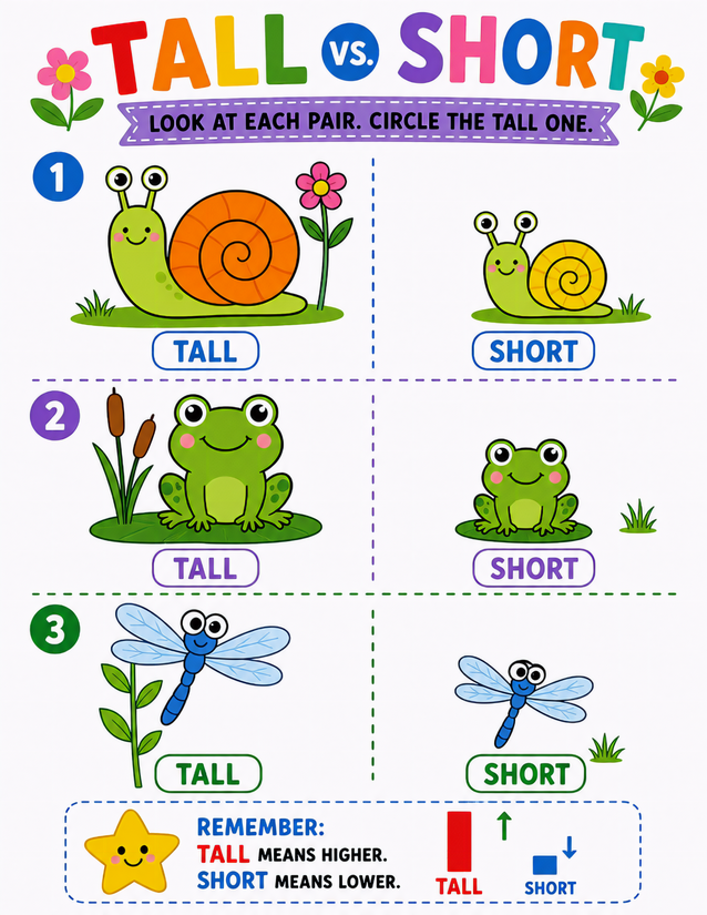 Garden Critters Tall or Short Worksheet, Snails, Frogs, and Dragonflies