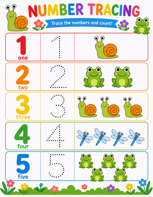 Garden Critters Trace the Numbers 1-5 Worksheet
