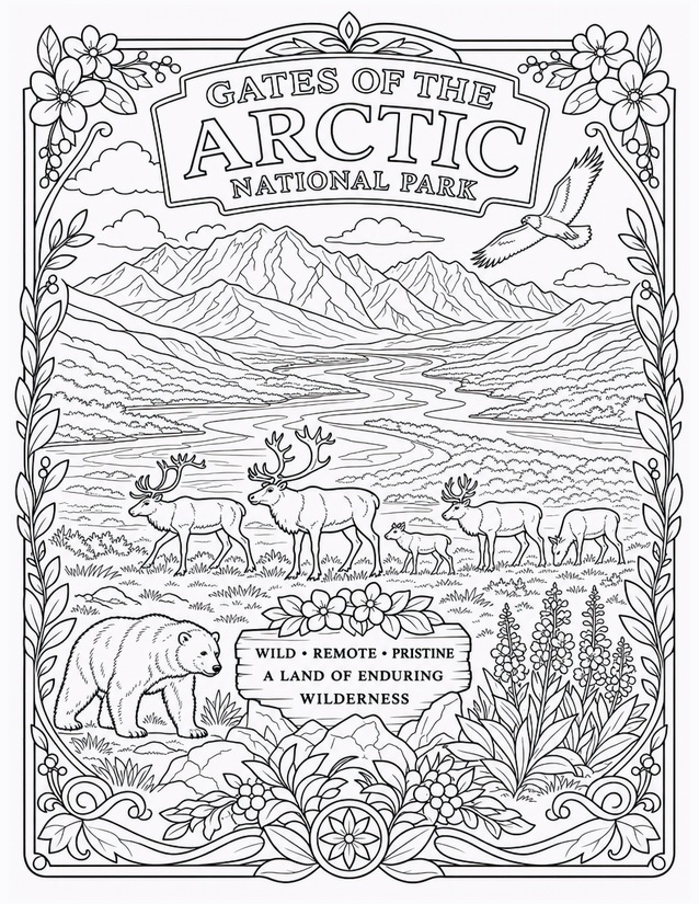 Gates of the Arctic National Park Coloring Page, Caribou and Bear