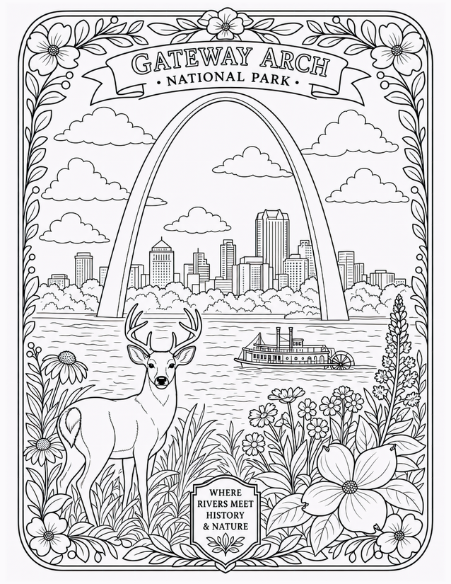 Gateway Arch National Park Coloring Page, Deer and Riverboat