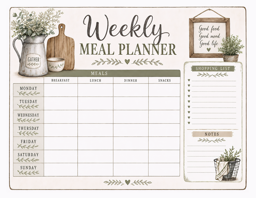Gather Kitchen Meal Planner, Seven Days with Shopping List