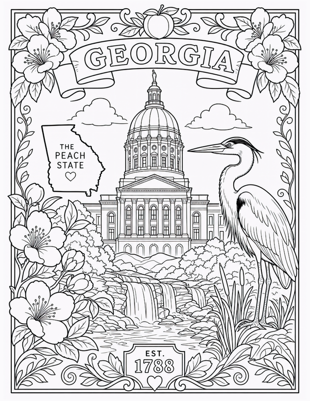 Georgia Coloring Page, Capitol Dome and Great Blue Heron