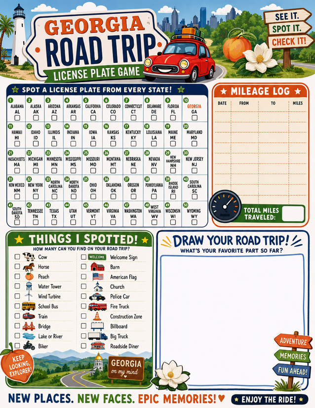 Georgia License Plate Game Printable, With Spotter List and Draw Section