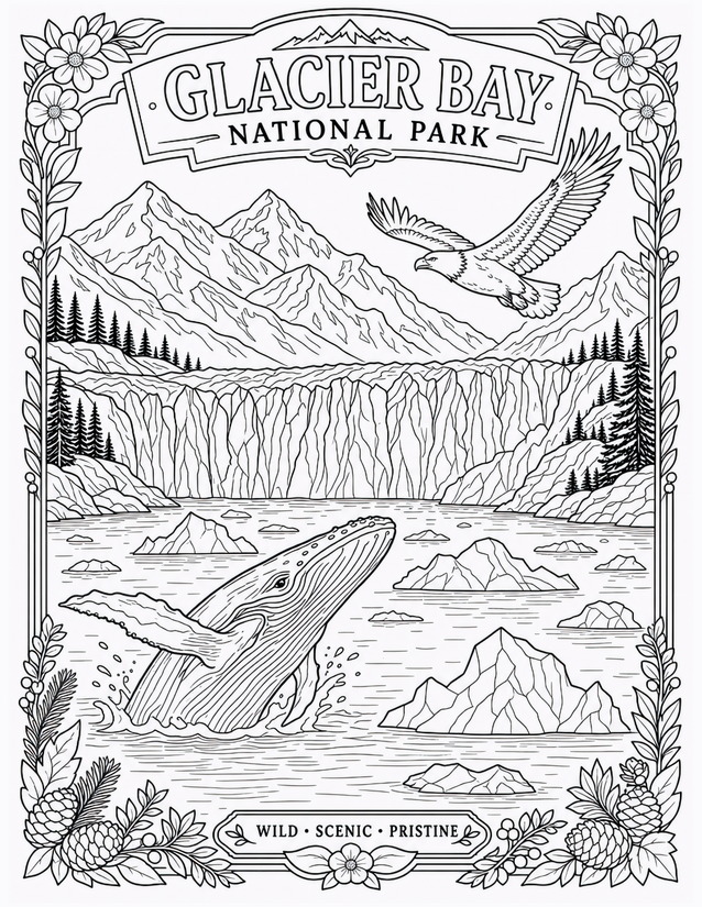 Glacier Bay National Park Coloring Page, Whale and Eagle