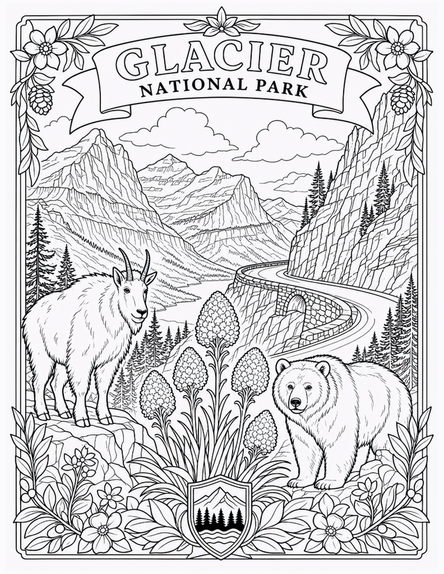 Glacier National Park Coloring Page, Mountain Goat and Bear