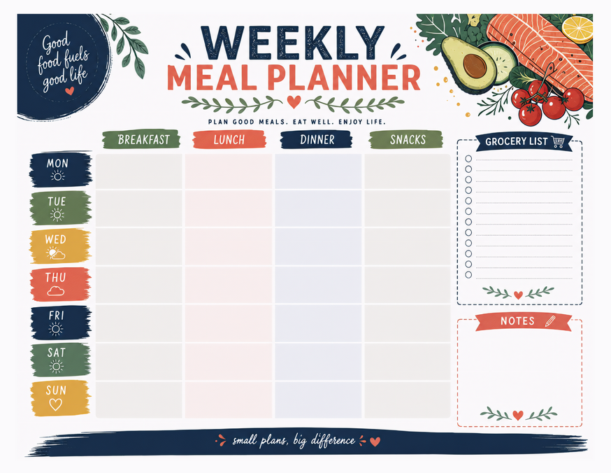 Good Food Fuels Good Life Meal Planner, Seven Days With Grocery List