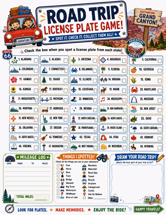 Grand Canyon License Plate Game Printable, All 50 States Plus Mileage Log