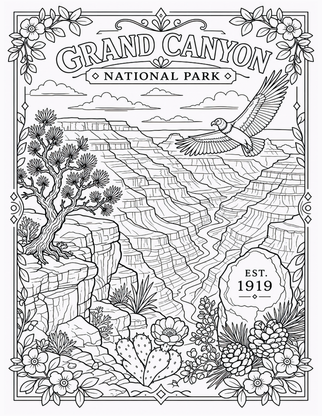Grand Canyon National Park Coloring Page, Condor and Canyon Layers