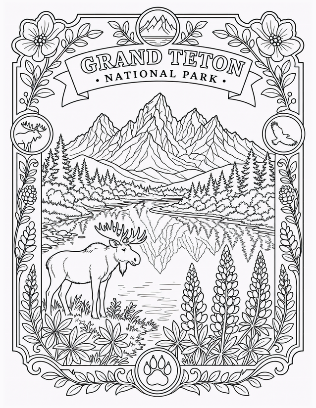 Grand Teton National Park Coloring Page, Moose by the River