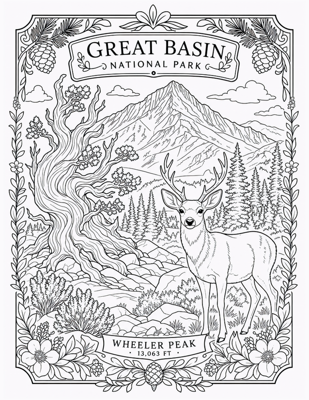 Great Basin National Park Coloring Page, Wheeler Peak and Mule Deer
